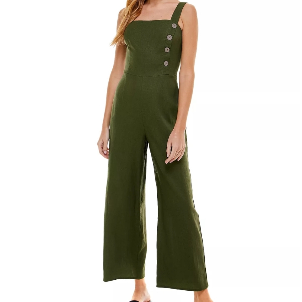 Kingston Grey Women Linen XL Button-Trim Jumpsuit Olive Green
